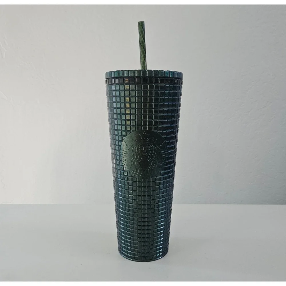 Starbucks Cold Cup Tumbler 24 Oz Dark Green Metallic Grid Holiday 2021